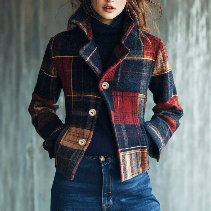 Women's Vintage Plaid Button-Up Short Coat in Ivory