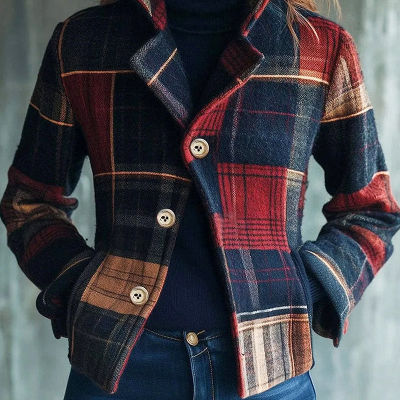 Women's Vintage Plaid Button-Up Short Coat in Ivory