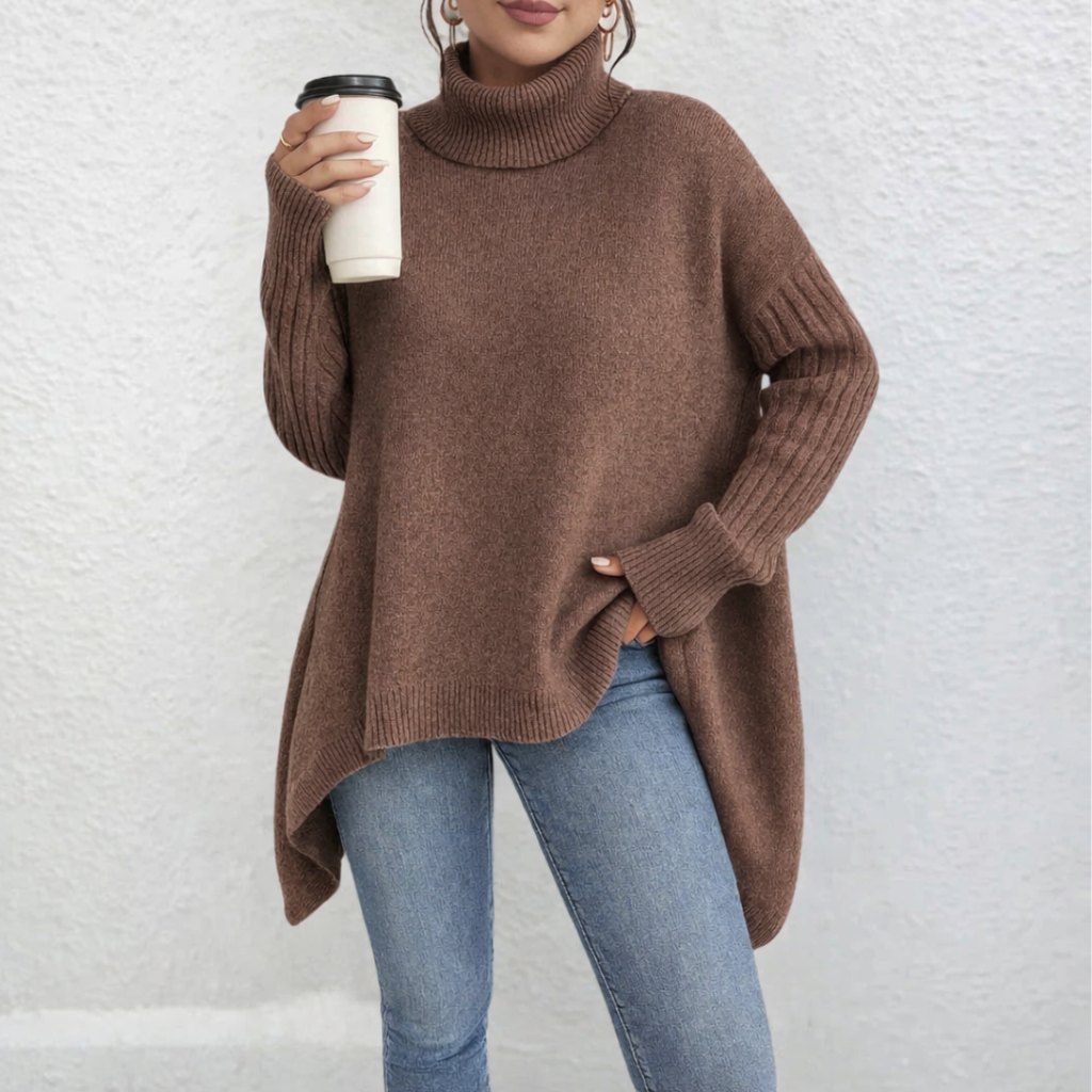 Womens Loose Fit Turtleneck Sweater Brown