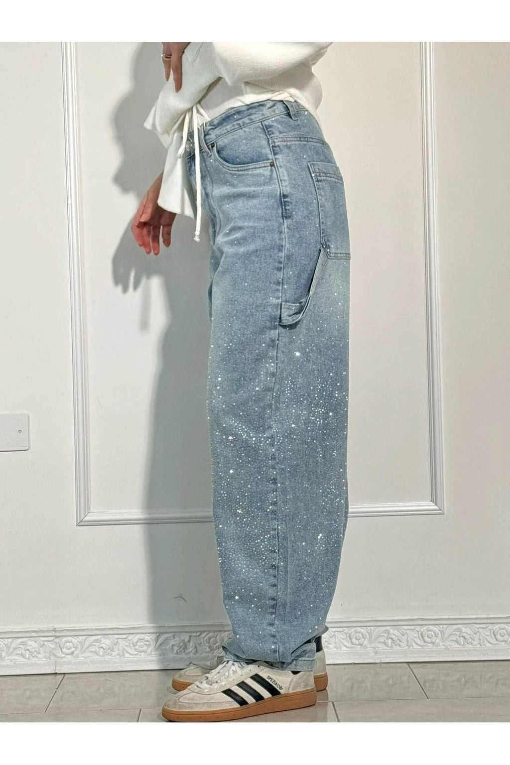 Rhinestone Wide Leg Jeans Sparkling Denim Glam Fashion