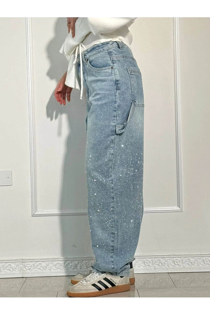 Rhinestone Wide Leg Jeans Sparkling Denim Glam Fashion-MODAUTLET