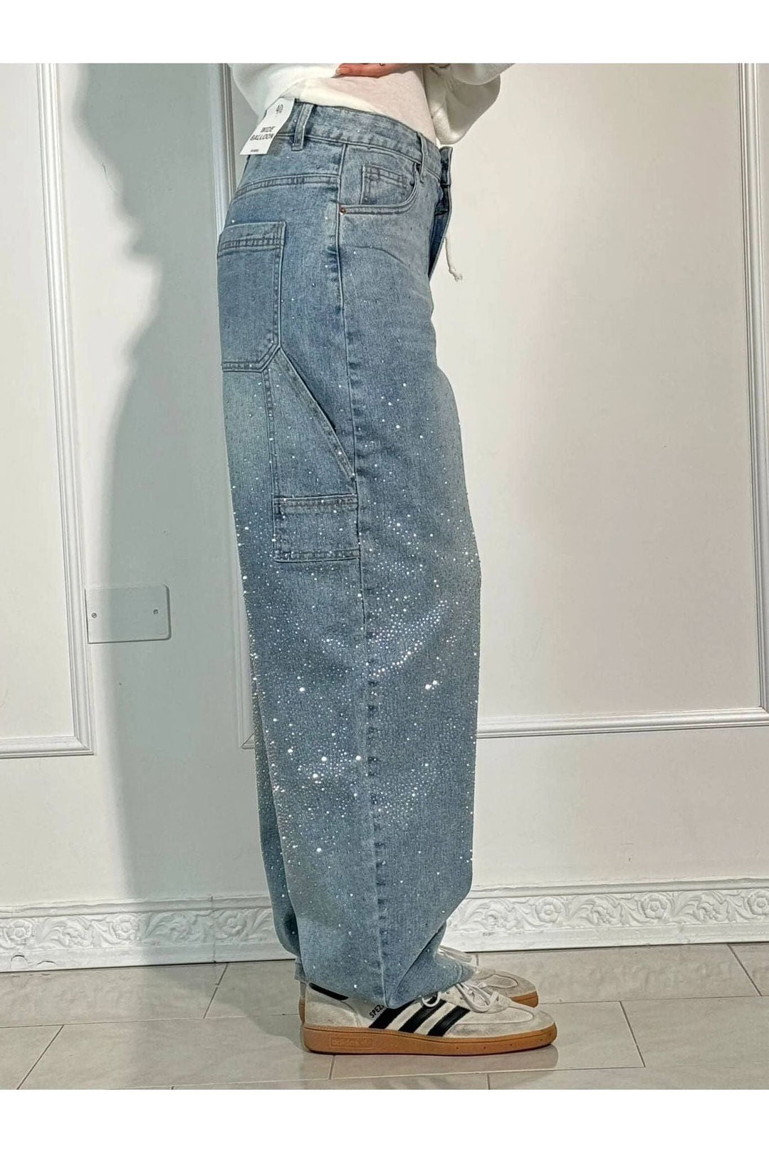 Rhinestone Wide Leg Jeans Sparkling Denim Glam Fashion-MODAUTLET
