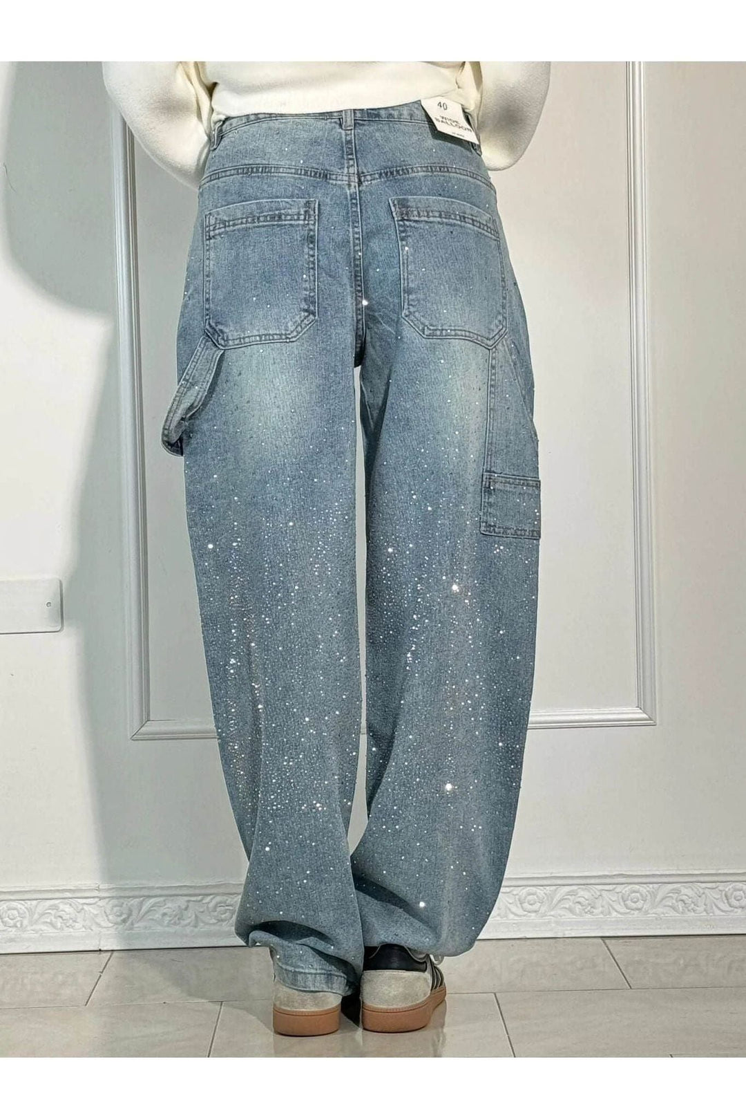 Rhinestone Wide Leg Jeans Sparkling Denim Glam Fashion-MODAUTLET
