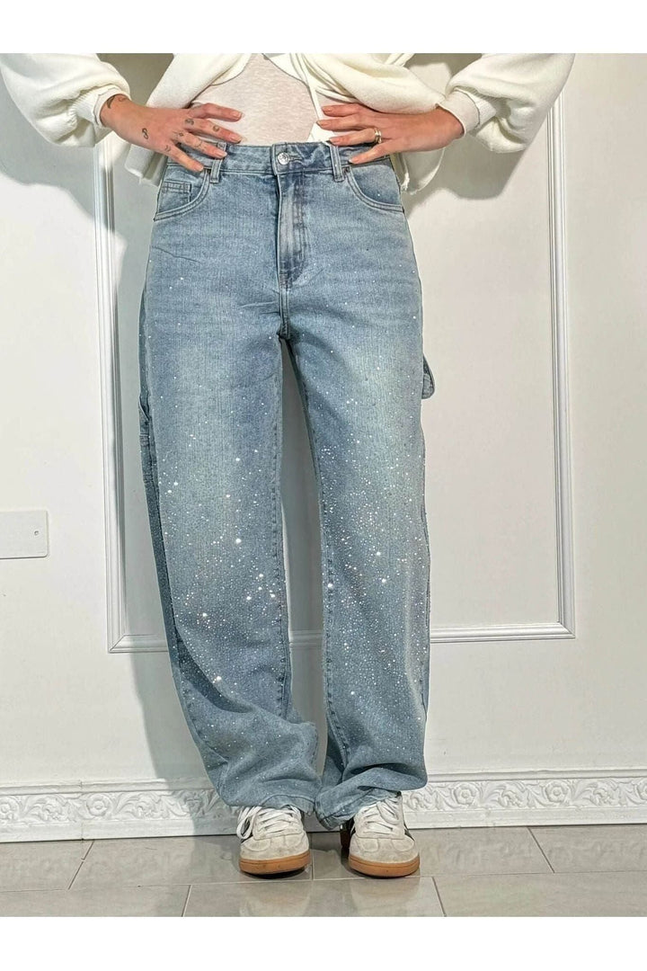 Rhinestone Wide Leg Jeans Sparkling Denim Glam Fashion-MODAUTLET