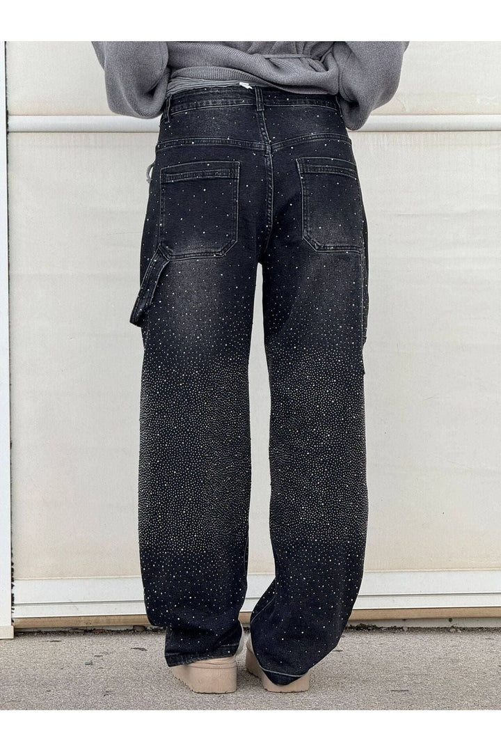 Rhinestone Wide Leg Jeans Sparkling Denim Glam Fashion-MODAUTLET