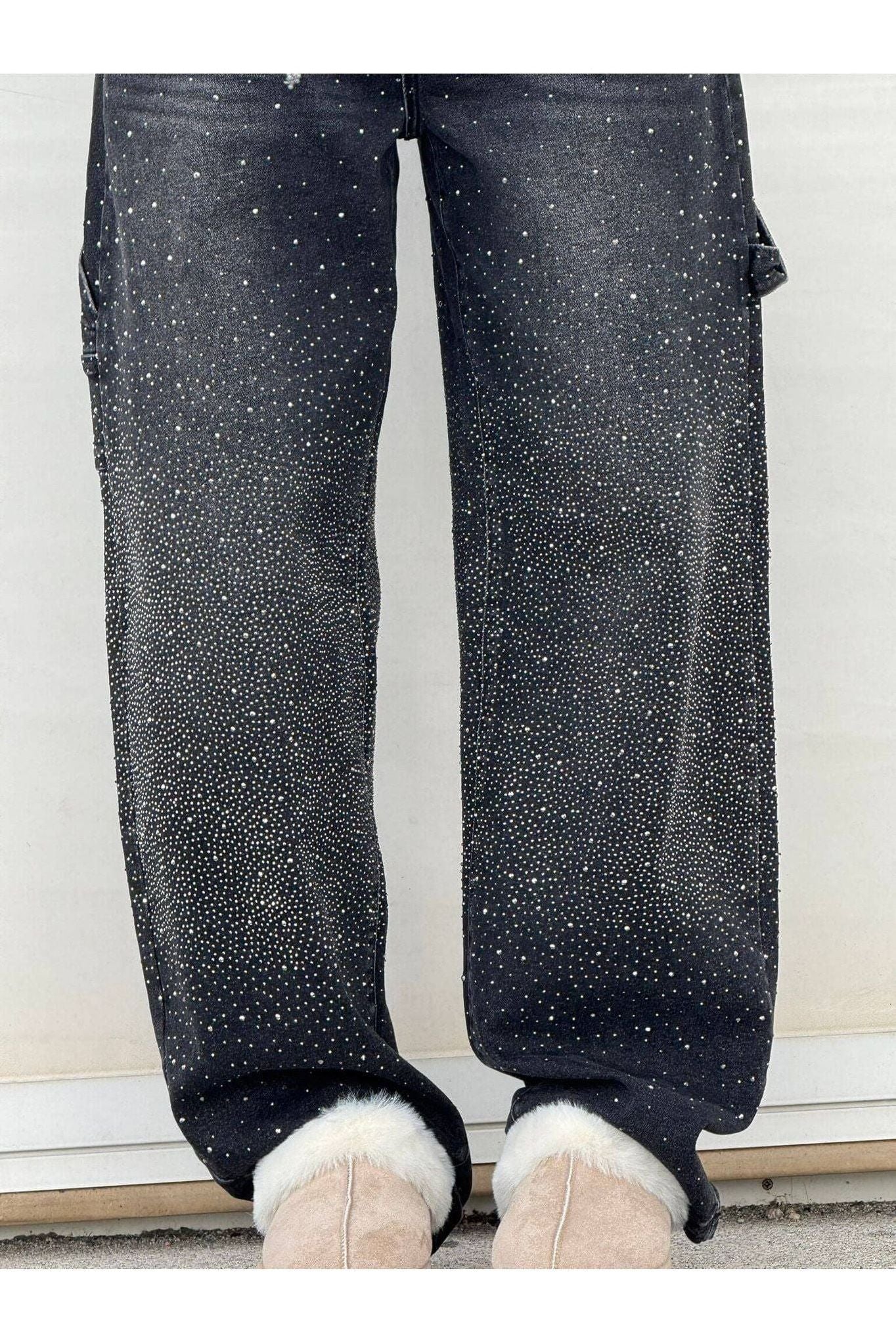 Rhinestone Wide Leg Jeans Sparkling Denim Glam Fashion