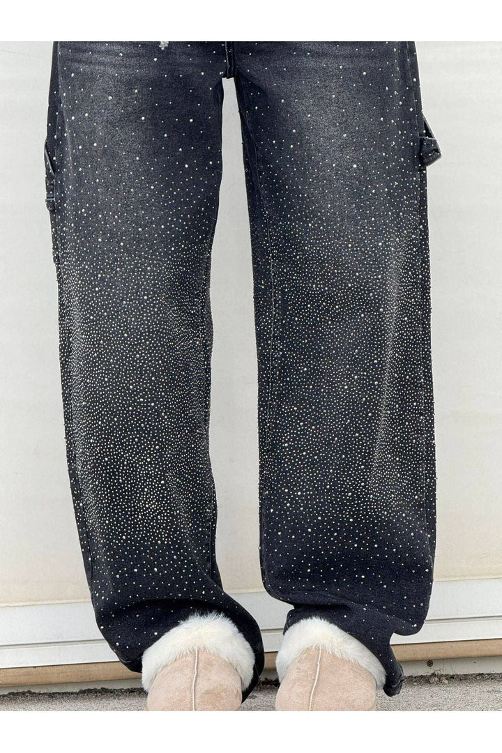 Rhinestone Wide Leg Jeans Sparkling Denim Glam Fashion-MODAUTLET