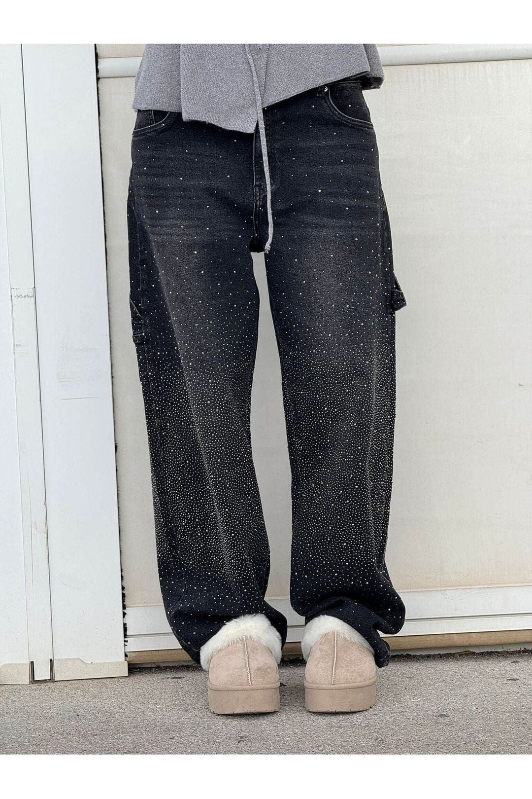 Rhinestone Wide Leg Jeans Sparkling Denim Glam Fashion-MODAUTLET