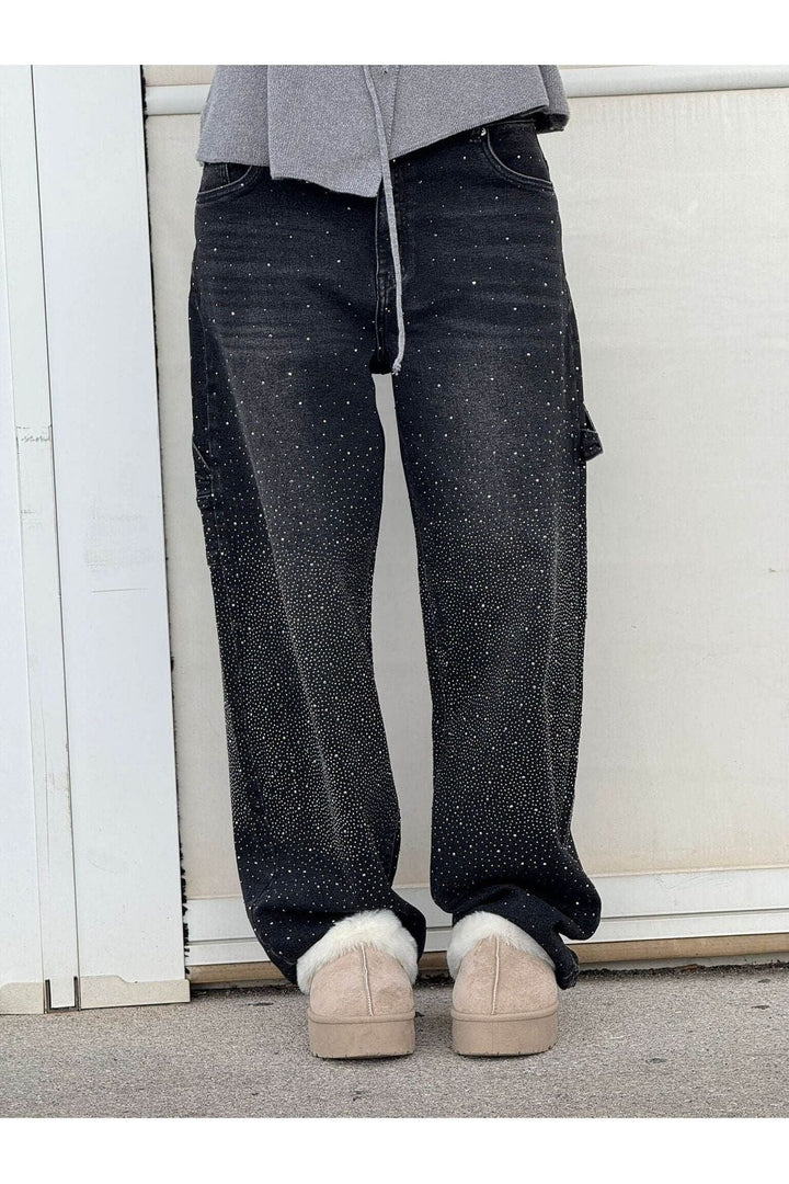 Rhinestone Wide Leg Jeans Sparkling Denim Glam Fashion-MODAUTLET