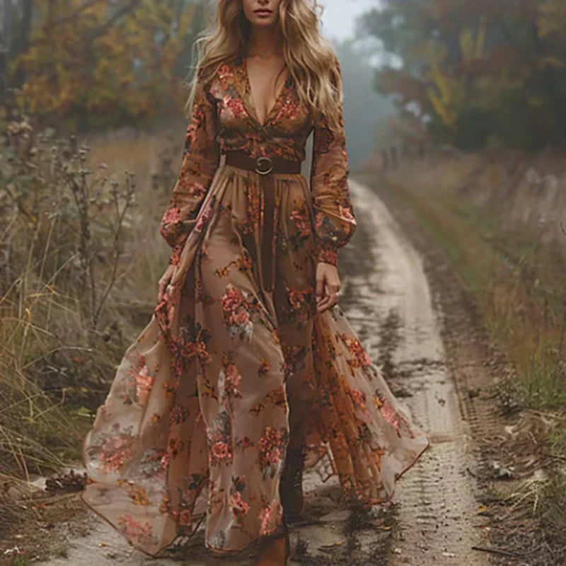 Jennifer | Women's Boho Ruffled Maxi Dress for Summer Brown