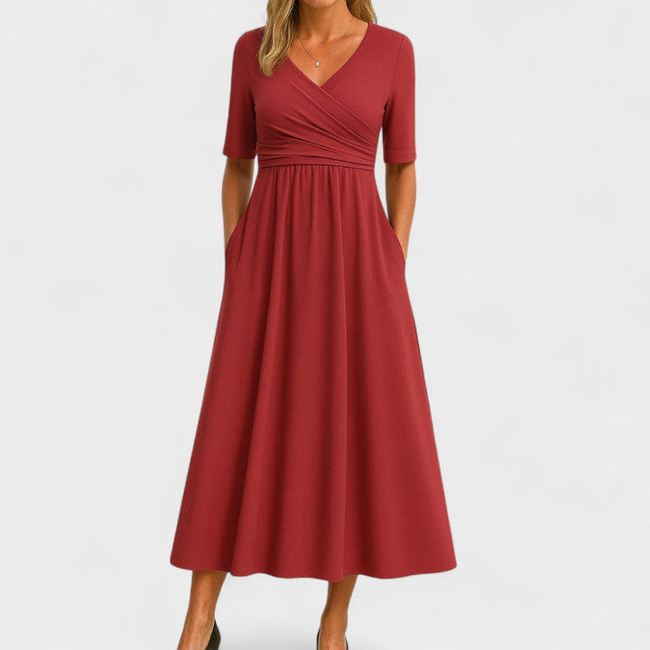 Jessica | Stylish Women's Midi Dress with V-Neck Design Red