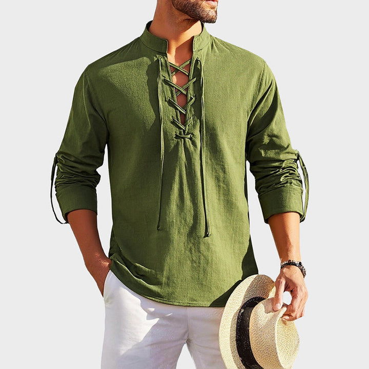 John | Men's Lace-Up Neck Cotton Shirt-MODAUTLET