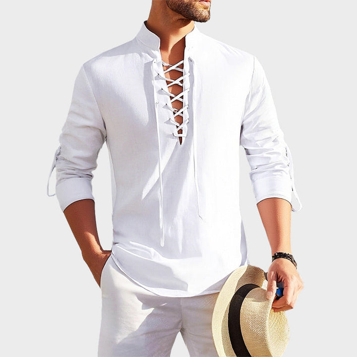 John | Men's Lace-Up Neck Cotton Shirt-MODAUTLET