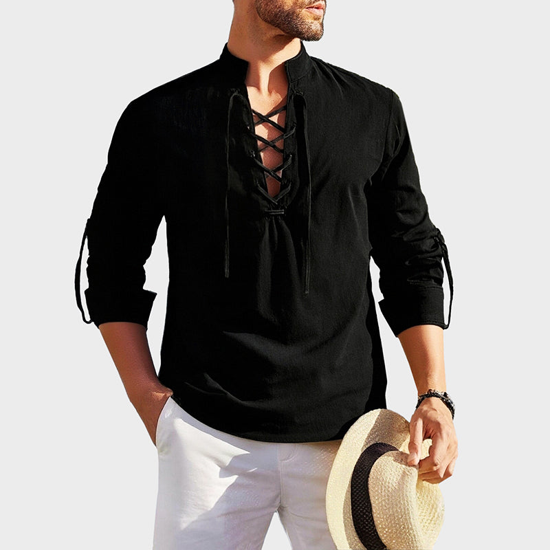 John | Men's Lace-Up Neck Cotton Shirt-MODAUTLET