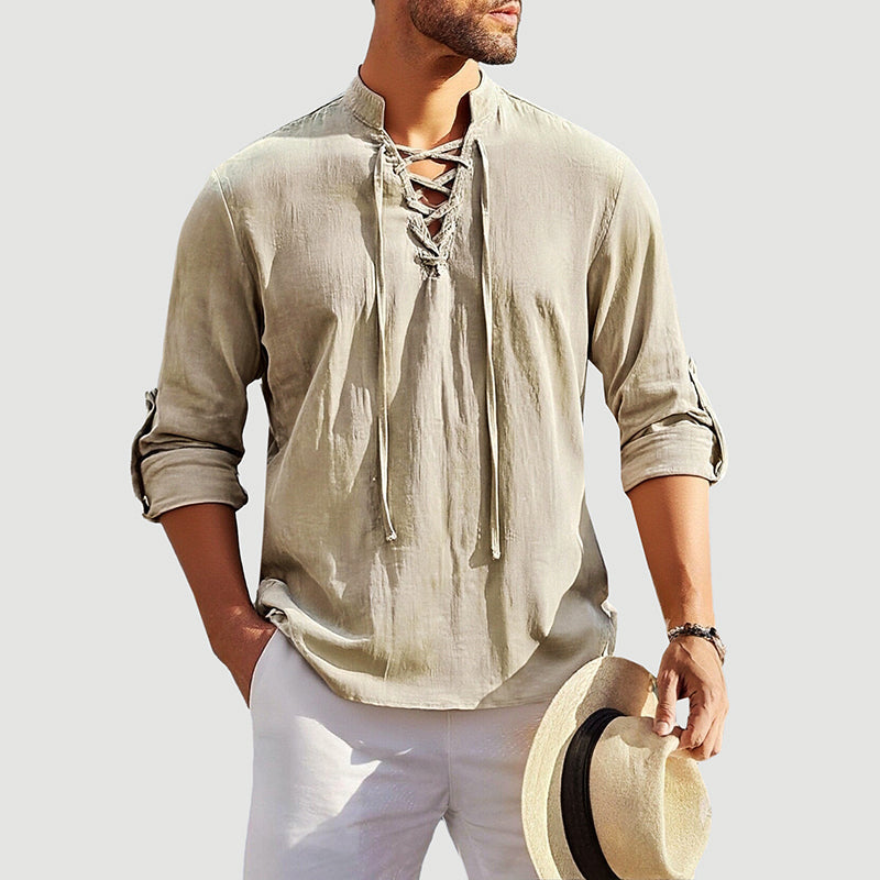 John | Men's Lace-Up Neck Cotton Shirt-MODAUTLET
