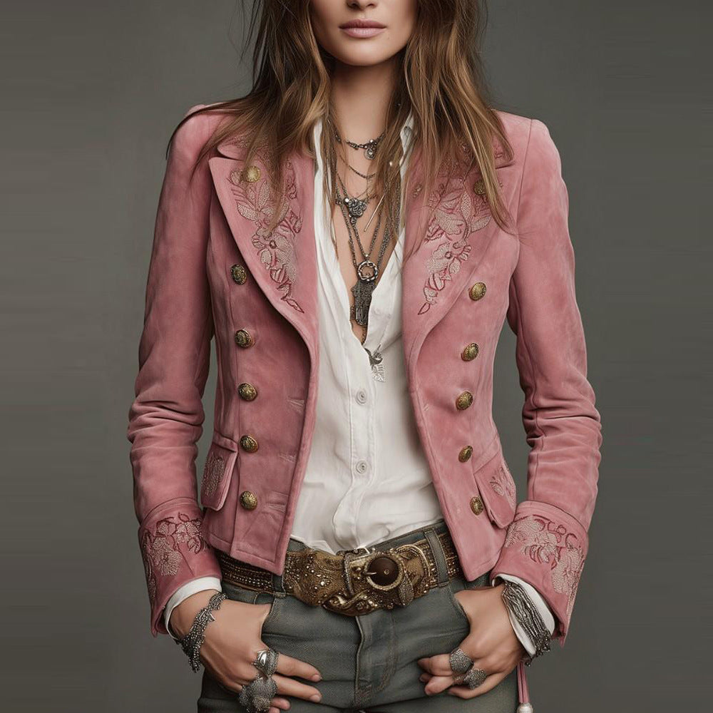 Chaqueta de ante bordada cruzada para mujer