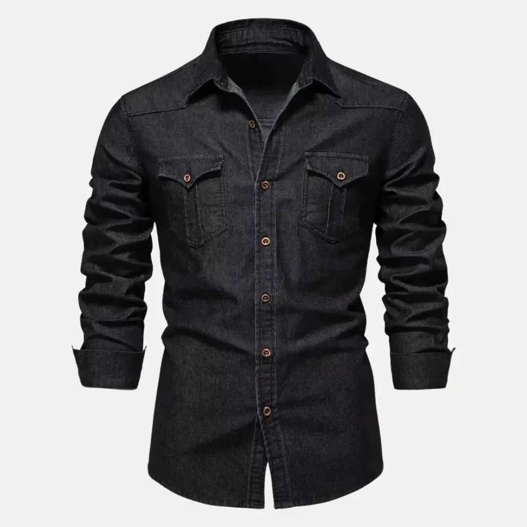 Classic Button-Down Denim Shirt for Men Black