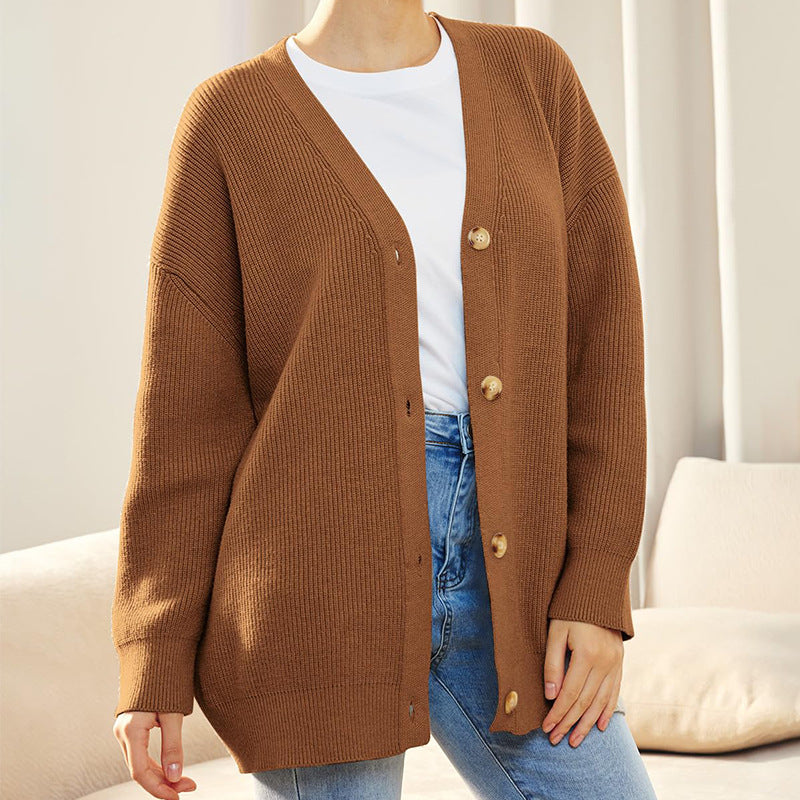 Women's Oversized Ribbed Button Front Cardigan – Cozy & Casual Brown