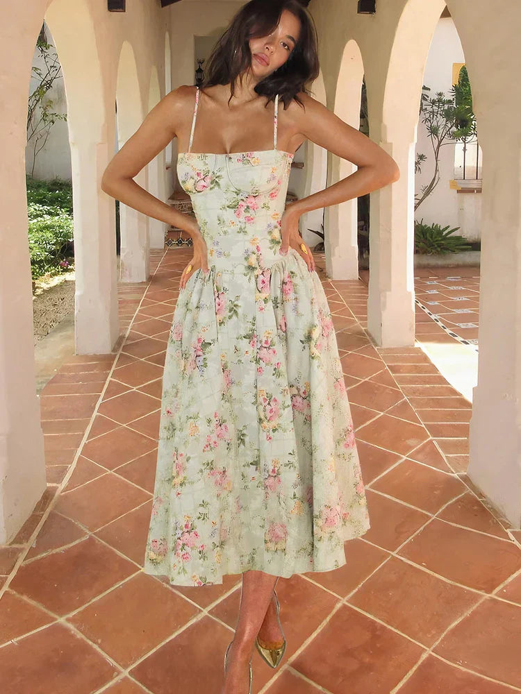 Katherine | Women's Floral Midi Dress for Wedding Guests Green