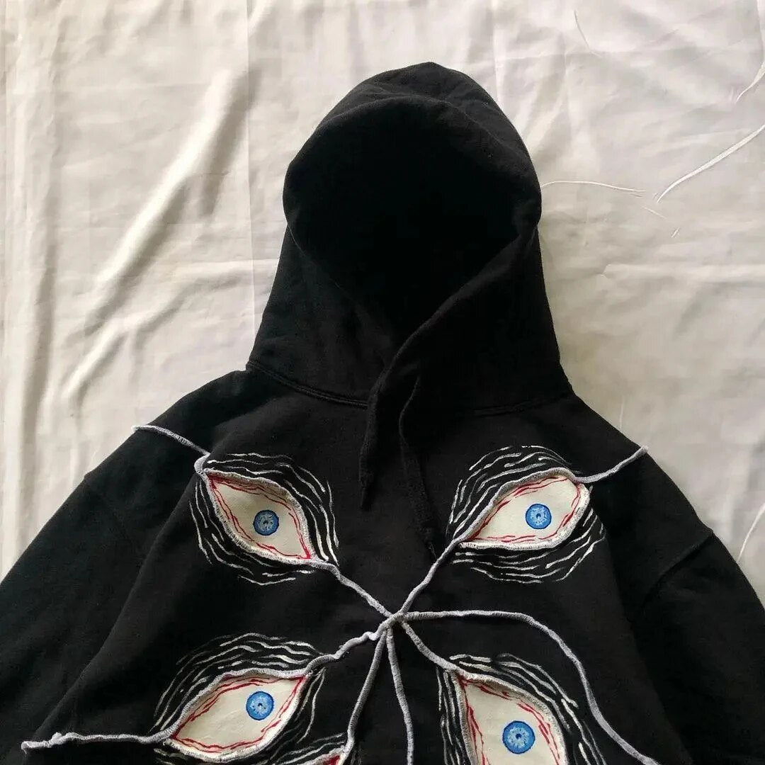 Eye Patchwork Hoodie for Bold Japanese Streetwear Style