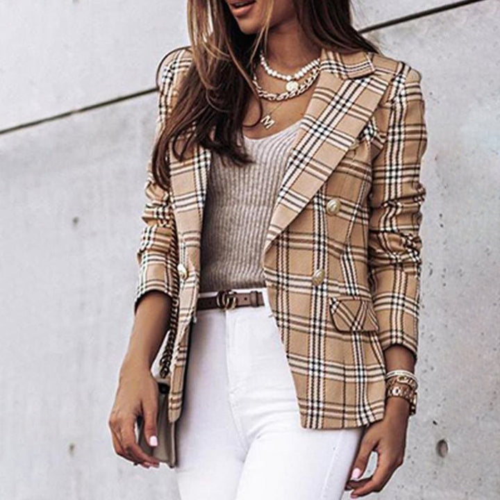 Womens Checkered Blazer Thermal Lined Polyester Versatile-MODAUTLET