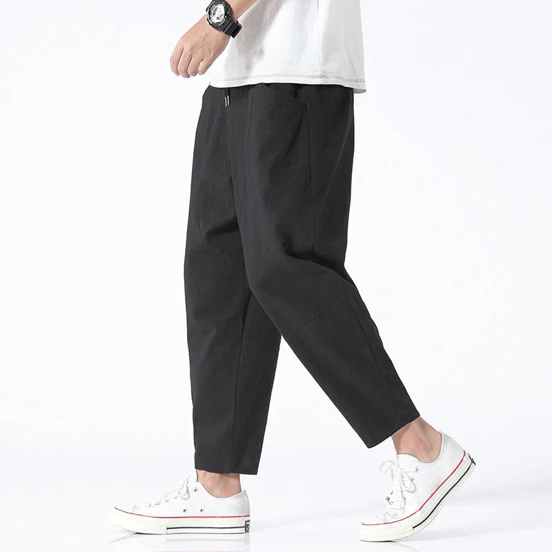 Men's High-Waisted Linen Cropped Pants - Breathable Summer Comfort Black
