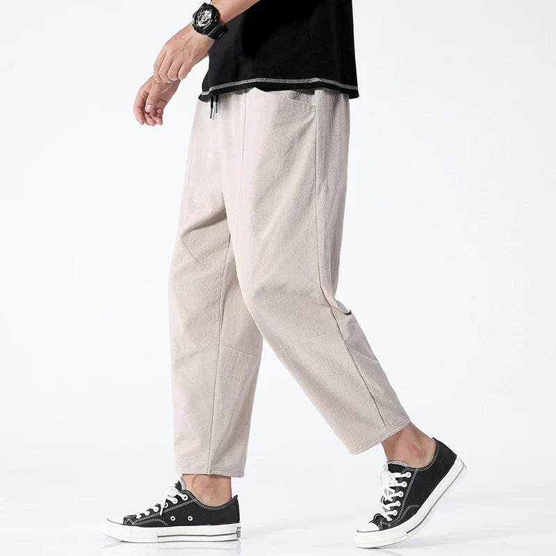 Men's High-Waisted Linen Cropped Pants - Breathable Summer Comfort Khaki
