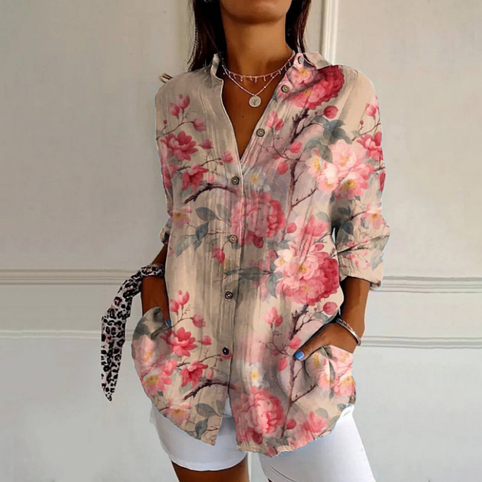 Women's Vintage Floral Blouse Pink