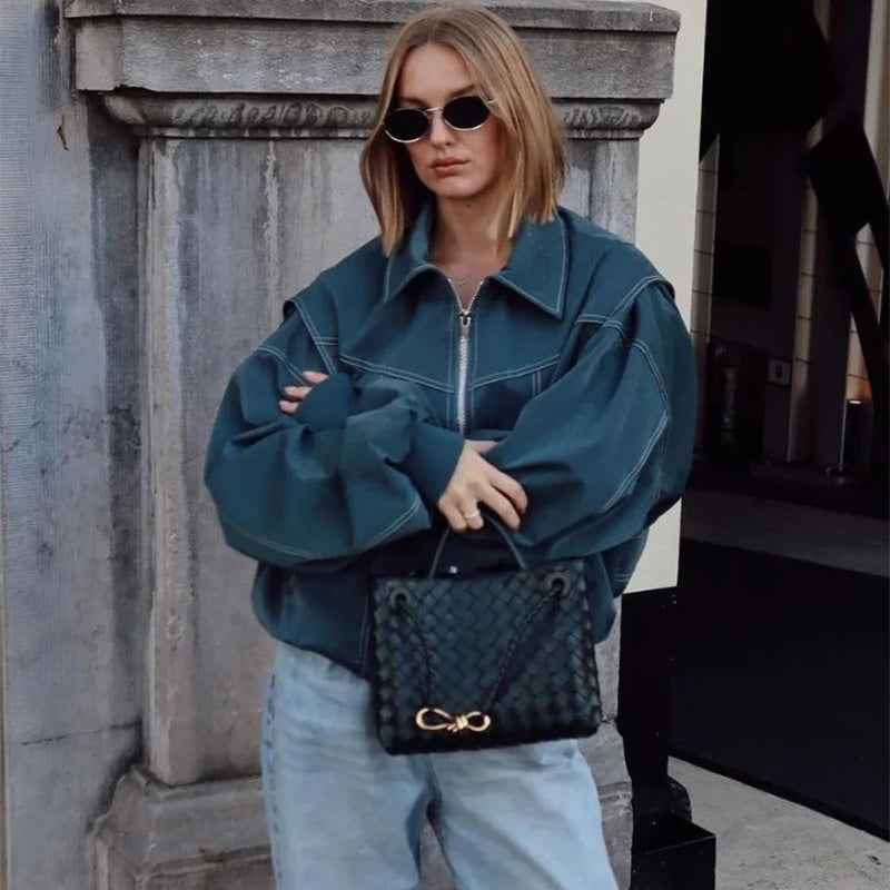 Lapel Zipper Leather Jacket Oversized Edgy Outerwear Green
