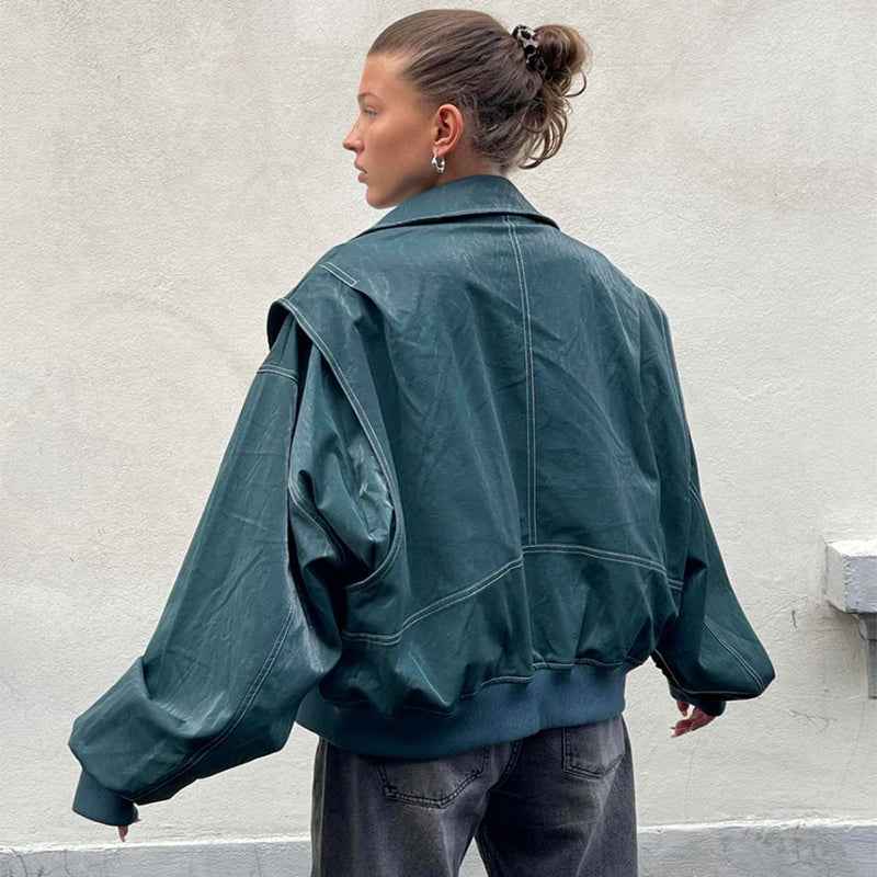 Lapel Zipper Leather Jacket Oversized Edgy Outerwear