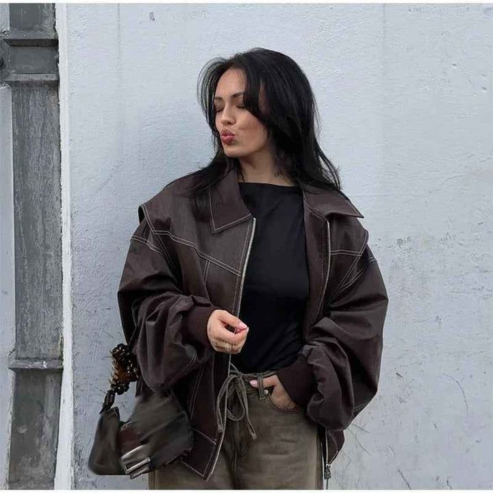 Lapel Zipper Leather Jacket Oversized Edgy Outerwear Brown