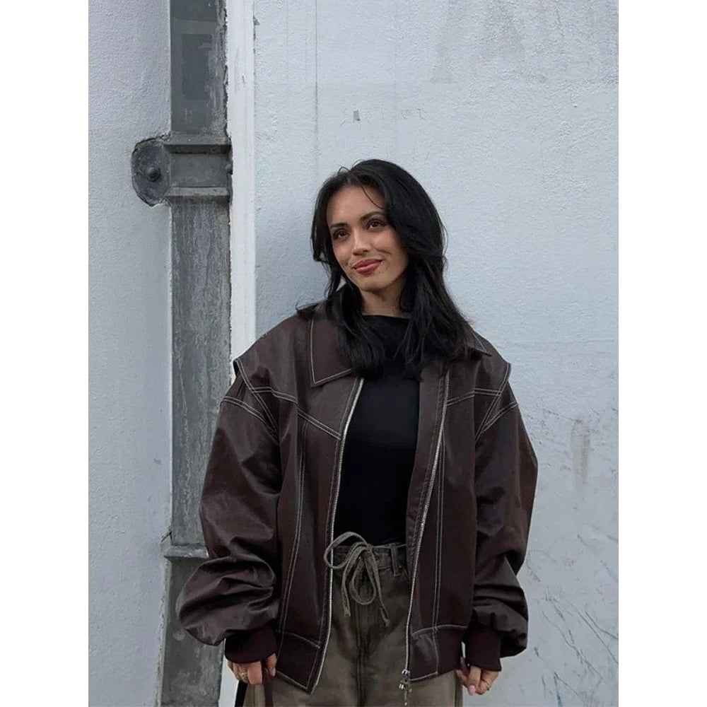 Lapel Zipper Leather Jacket Oversized Edgy Outerwear