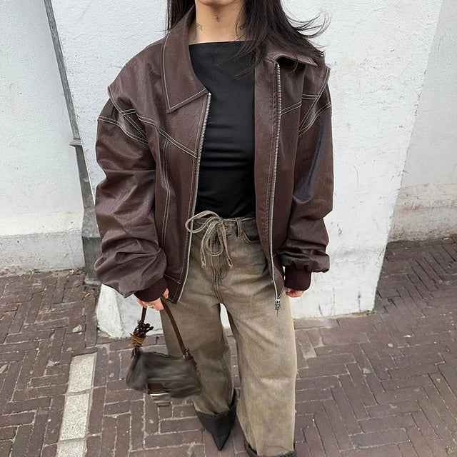 Lapel Zipper Leather Jacket Oversized Edgy Outerwear
