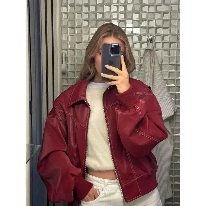 Lapel Zipper Leather Jacket Oversized Edgy Outerwear Wine Red
