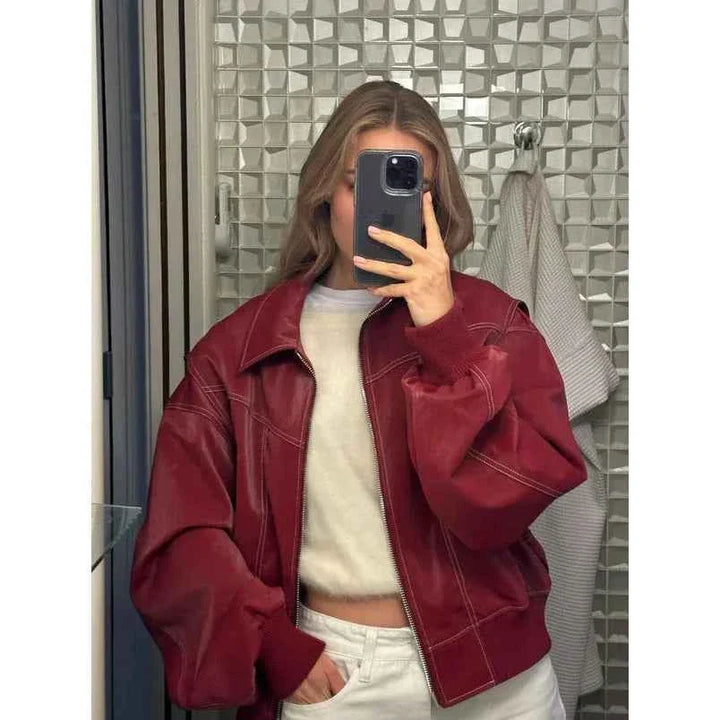 Lapel Zipper Leather Jacket Oversized Edgy Outerwear Wine Red