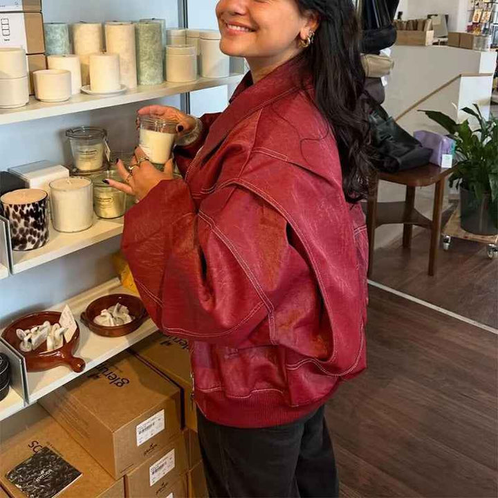 Lapel Zipper Leather Jacket Oversized Edgy Outerwear