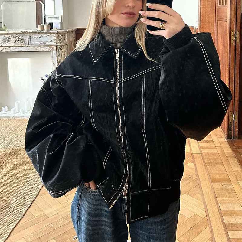 Lapel Zipper Leather Jacket Oversized Edgy Outerwear Black