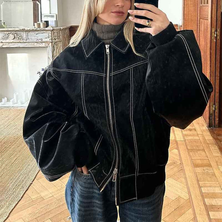 Lapel Zipper Leather Jacket Oversized Edgy Outerwear Black
