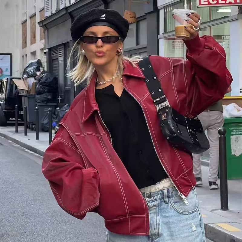 Lapel Zipper Leather Jacket Oversized Edgy Outerwear
