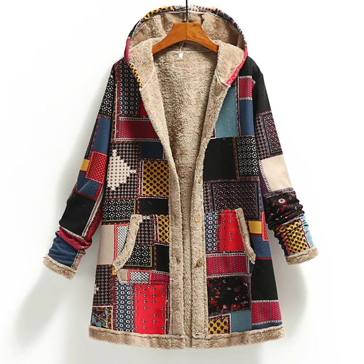 Chaqueta con capucha de borreguito de patchwork para mujer