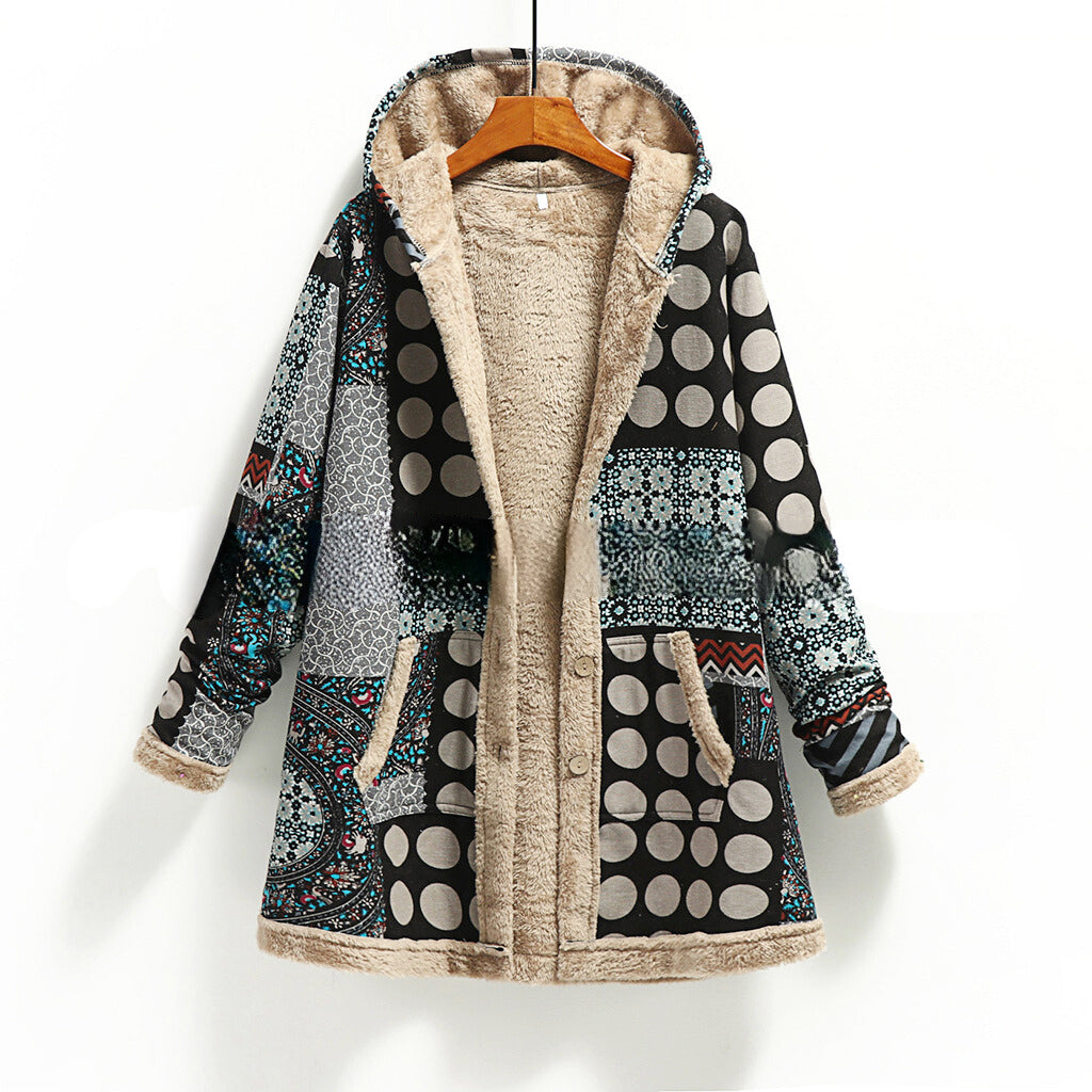 Chaqueta con capucha de borreguito de patchwork para mujer