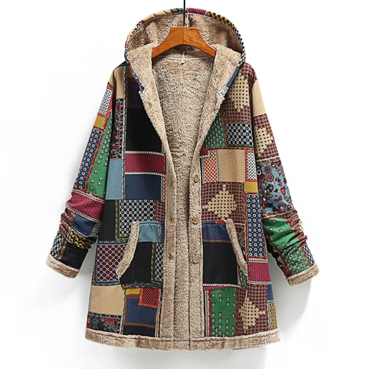 Chaqueta con capucha de borreguito de patchwork para mujer