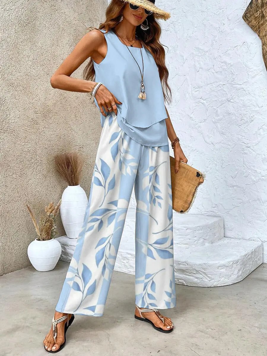 Plus Size Women's Layered Top & Wide-Leg Trousers Set – Effortless Summer Style