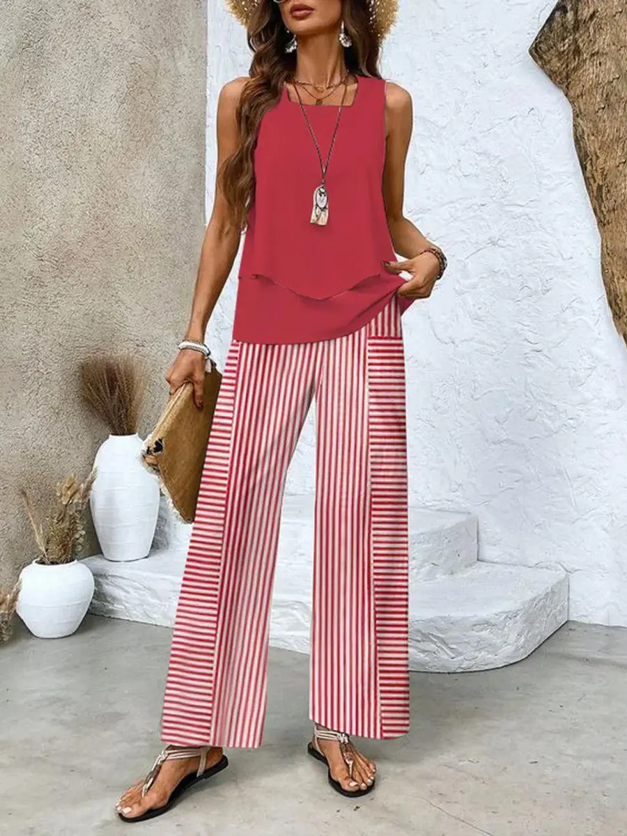 Plus Size Women's Layered Top & Wide-Leg Trousers Set – Effortless Summer Style Red