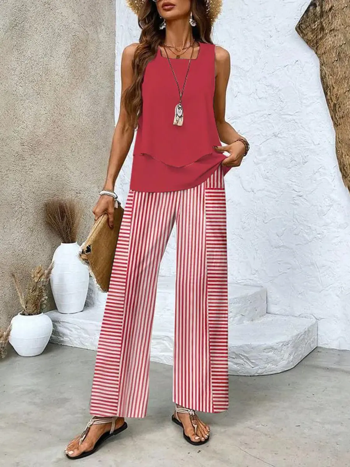Plus Size Women's Layered Top & Wide-Leg Trousers Set – Effortless Summer Style-MODAUTLET