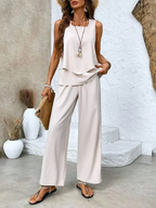 Plus Size Women's Layered Top & Wide-Leg Trousers Set – Effortless Summer Style Beige