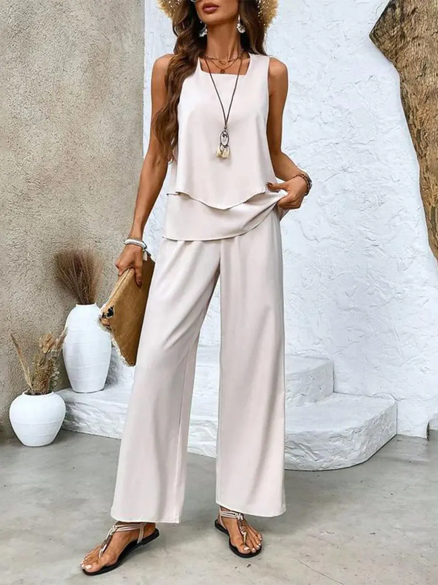 Plus Size Women's Layered Top & Wide-Leg Trousers Set – Effortless Summer Style Beige