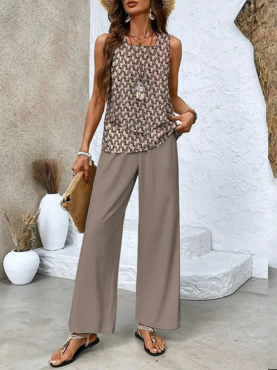 Plus Size Women's Layered Top & Wide-Leg Trousers Set – Effortless Summer Style Brown