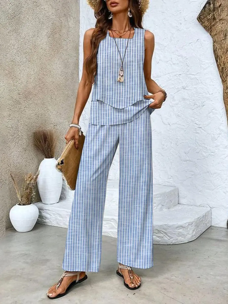 Plus Size Women's Layered Top & Wide-Leg Trousers Set – Effortless Summer Style Sky Stripe Set