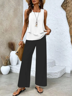 Plus Size Women's Layered Top & Wide-Leg Trousers Set – Effortless Summer Style Black&White